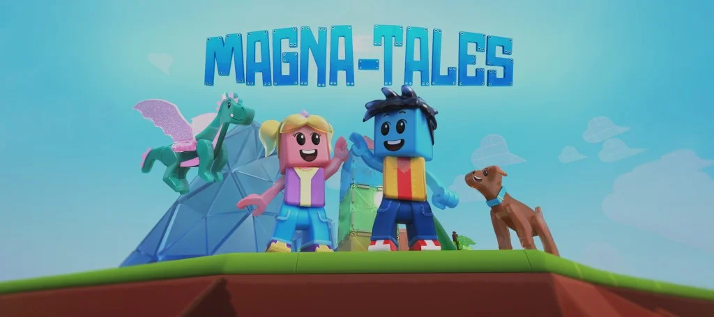 A colorful digital landscape featuring two cartoon characters, a girl and a boy, smiling and standing together on a green hill. The girl has a ponytail and a pink outfit, while the boy has blue skin and wears a colorful shirt. Behind them, a playful unicorn and a brown dog are present, with a geometric mountain in the background. The title 'MAGNA-TALES' is displayed prominently above.