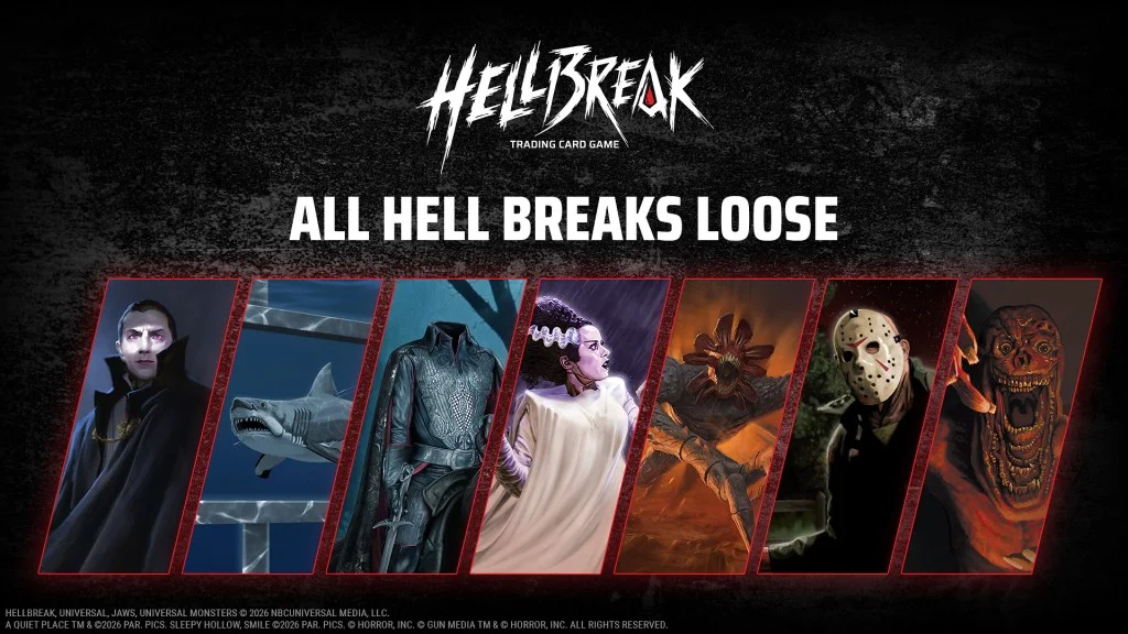 Promotional image for Hellbreak trading card game featuring various horror-themed characters, displaying the text 'ALL HELL BREAKS LOOSE' at the center.