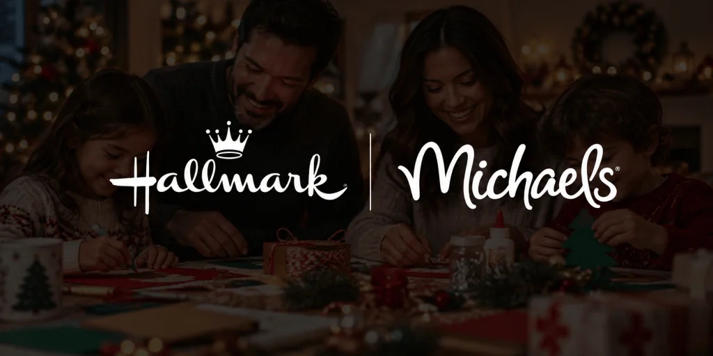 A family creating holiday crafts together, featuring a father helping his daughter, while a mother assists her son. The background is decorated with Christmas lights and ornaments.