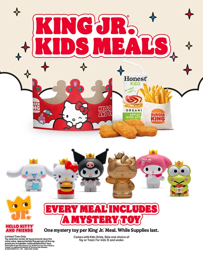 Promotional image for Burger King's King Jr. Kids Meals featuring a Hello Kitty-themed meal box, a drink, fries, chicken nuggets, and various collectible toys. Text highlights that each meal includes a mystery toy.