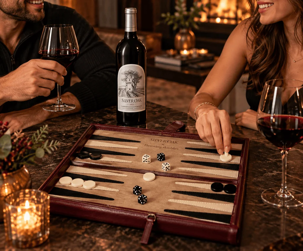 Silver Oak and Throwing Doubles Release 100 Cabernet-Red Backgammon Sets
