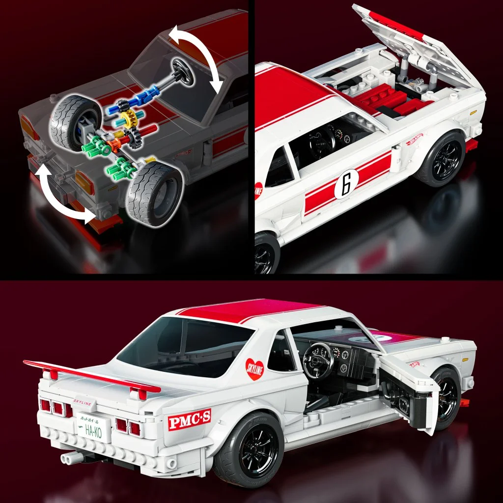 A detailed model of a race car, featuring a white and red color scheme, showcasing various components including wheels, engine parts, and an open door revealing the interior.