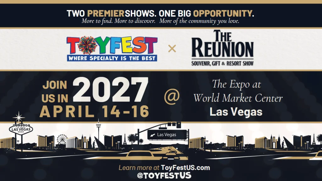 Promotional graphic for ToyFest, announcing the event dates of April 14-16, 2027, at the World Market Center in Las Vegas, featuring details about The Reunion souvenir and gift show.