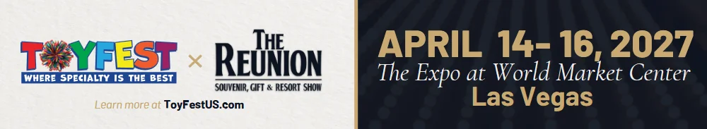 Promotional banner for ToyFest and The Reunion event, featuring event dates April 14-16, 2027, at the Expo at World Market Center in Las Vegas.