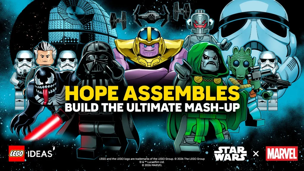 A colorful graphic featuring various LEGO figurines from the Star Wars and Marvel franchises, including characters like Venom, Darth Vader, Thanos, and Doctor Doom. The text 'HOPE ASSEMBLES' and 'BUILD THE ULTIMATE MASH-UP' is prominently displayed in the center.