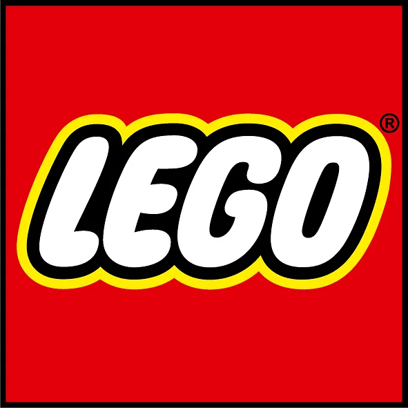 LEGO logo on a red background with yellow outline.