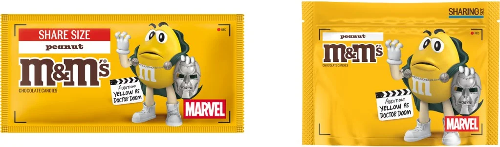 Peanut M&M's share size package featuring a cartoon yellow M&M character dressed as Doctor Doom with a Marvel logo.