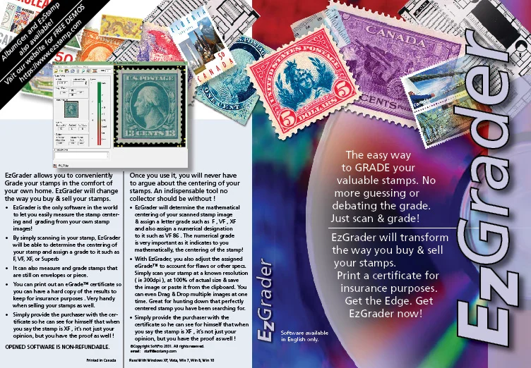 EzGrader stamp grading software from EzStamp — product brochure, with the scanning and centering-measurement window shown alongside stamps