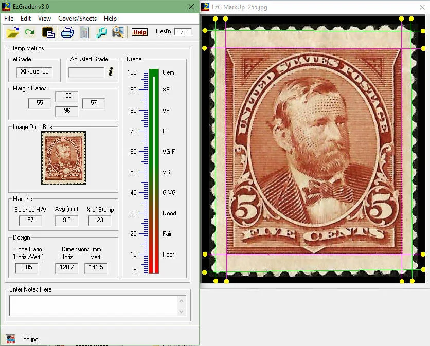EzGrader v3.0 screenshot: eGrade XF-Sup 96 & margin ratios beside a marked-up scan of a US 5 cent stamp showing centering lines.