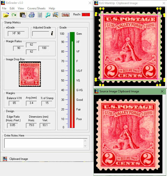 EzGrader v3.0 screenshot: Stamp Metrics panel reading eGrade XF 90, beside markup guides measuring the margins of a 2¢ Valley Forge stamp.