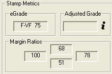Screenshot of EzGrader's Stamp Metrics panel for Copy #1 — eGrade F-VF 75, margin ratios 100, 68, 51 and 78.