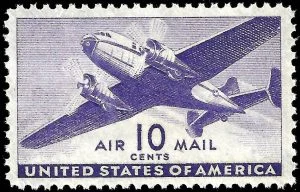 US 10 CENTS AIR MAIL transport plane stamp, Sc# C27, its design sitting almost evenly within all four margins