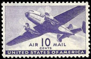 US 10c violet air mail stamp, Sc# C27, twin-engine transport plane, design sitting nearly even within all four margins