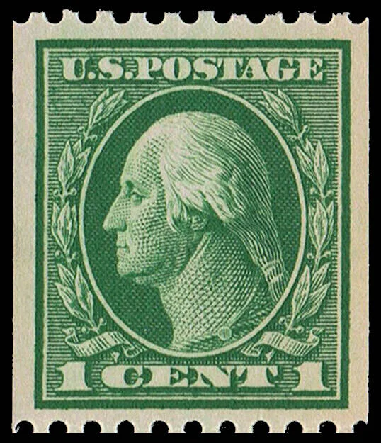 Well-centred 1¢ green Washington coil stamp, Sc# 441, graded XF-90 — margins nearly equal on all four sides.