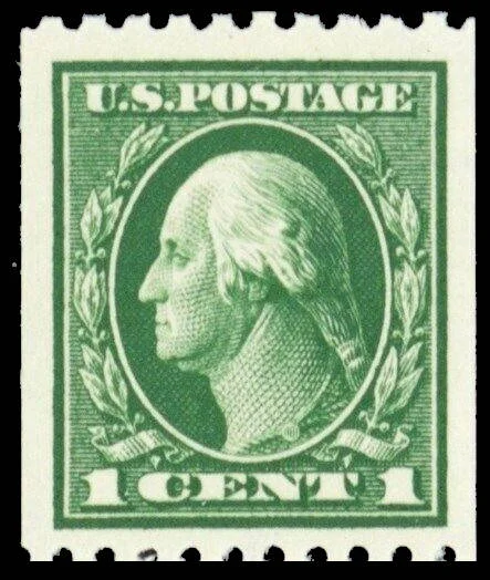 1-cent green Washington coil stamp, Sc# 441, shown as a centering example — design sits slightly left within its margins.