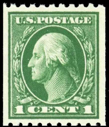 1¢ green Washington coil stamp, Sc# 441, sitting evenly within its margins — an XF centering example