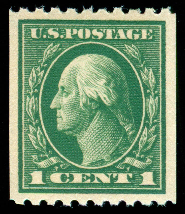 Green 1 cent Washington coil stamp, Sc# 441, with near-equal margins all round — XF-Superb centering