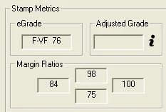 Screenshot of the EzGrader Stamp Metrics panel: eGrade F-VF 76, Adjusted Grade blank, margin ratios 84, 98, 75 and 100.