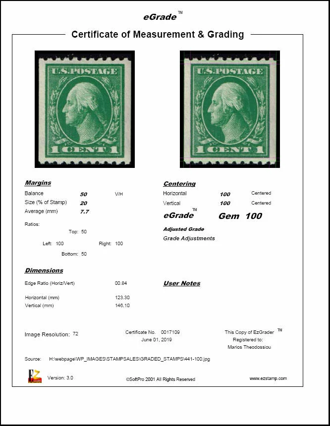 EzGrader eGrade certificate for a 1-cent green Washington stamp — horizontal & vertical centering 100, graded Gem 100.