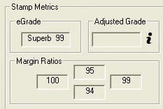 Screenshot of EzGrader's Stamp Metrics panel — eGrade Superb 99, Adjusted Grade blank, margin ratios 100, 95, 94 & 99.