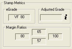 EzGrader Stamp Metrics panel: eGrade reads VF 80, with margin ratios of 80 left, 100 right, 65 top and 57 bottom; Adjusted Grade is blank.