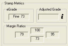 EzGrader Stamp Metrics panel showing an eGrade of Fine 73, with margin ratios 79, 100, 73 and 95.