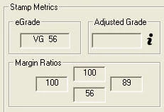 Screenshot of the EzGrader Stamp Metrics panel: eGrade VG 56, with margin ratios 100, 100, 56 & 89.