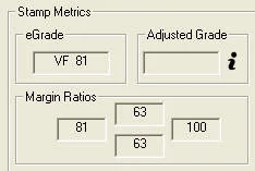 EzGrader Stamp Metrics screenshot: eGrade VF 81, margin ratios 81 left, 100 right, 63 top & 63 bottom