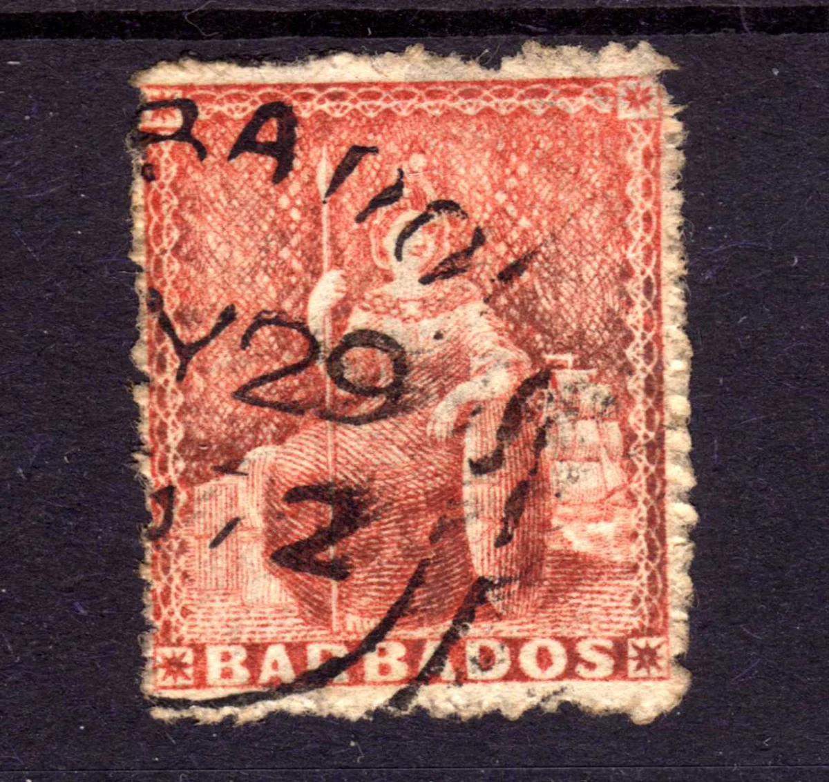 Barbados SG45 4d dull vermillion with sideways watermark (front)