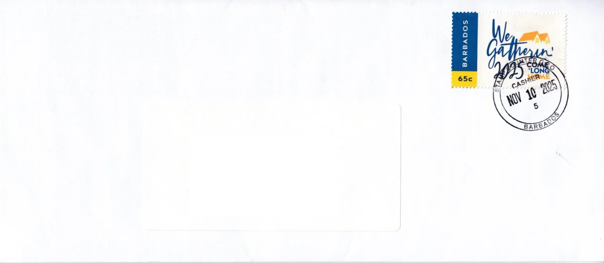 Barbados 'We gatherin' stamp on cover with a first day of issue cancel