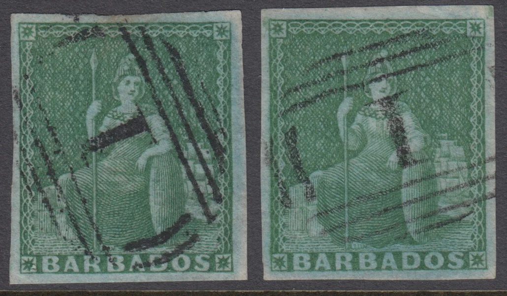 A Pair of Barbados SG1 stamps both with numeral 1 obliterator cancels 