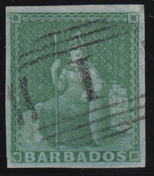 Barbados SG1 with numeral 1 obliterator cancel.
