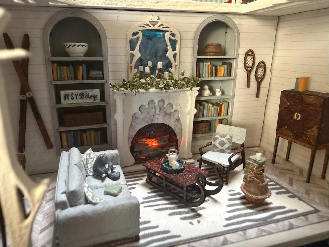 Two Finished Miniature Scenes Bring a Flickering Fireplace and Matisse-Inspired Art to the Shelf