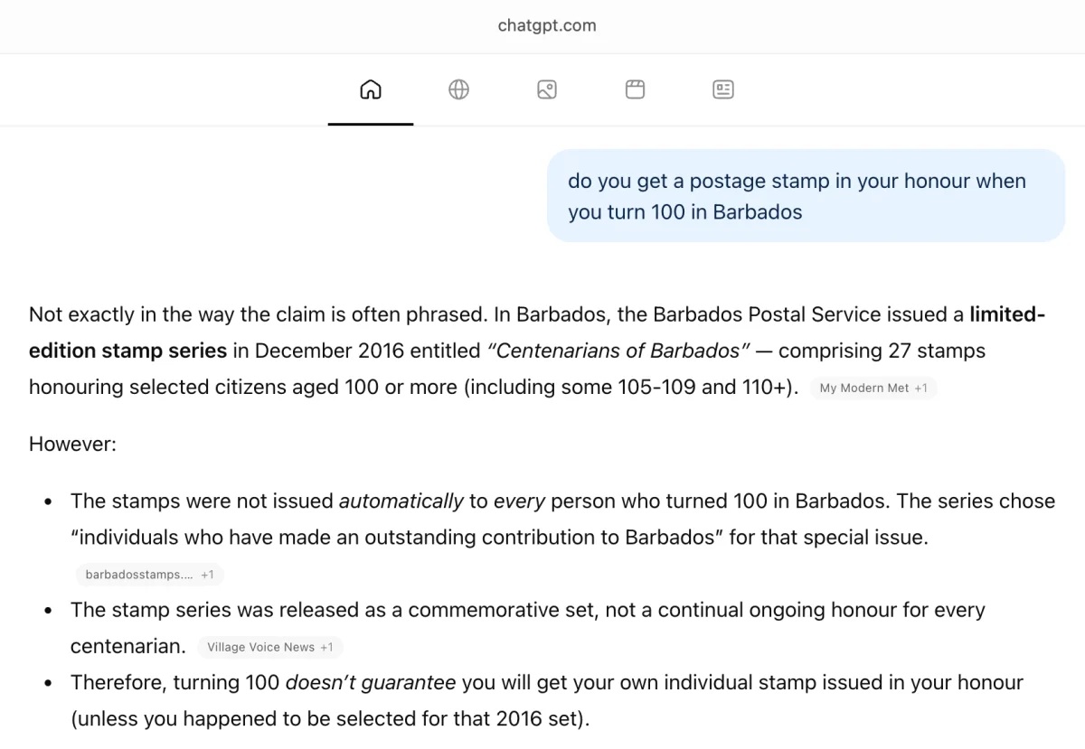 ChatGPT result for 'do you get a postage stamp in your honour when you turn 100 in Barbados'