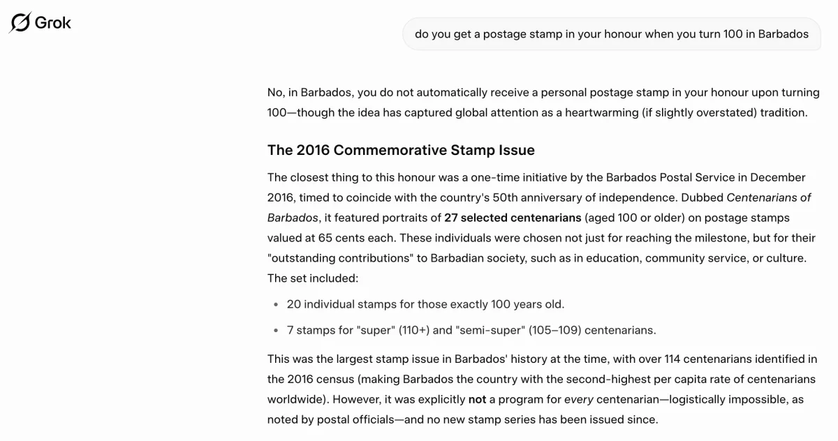Grok result for 'do you get a postage stamp in your honour when you turn 100 in Barbados'