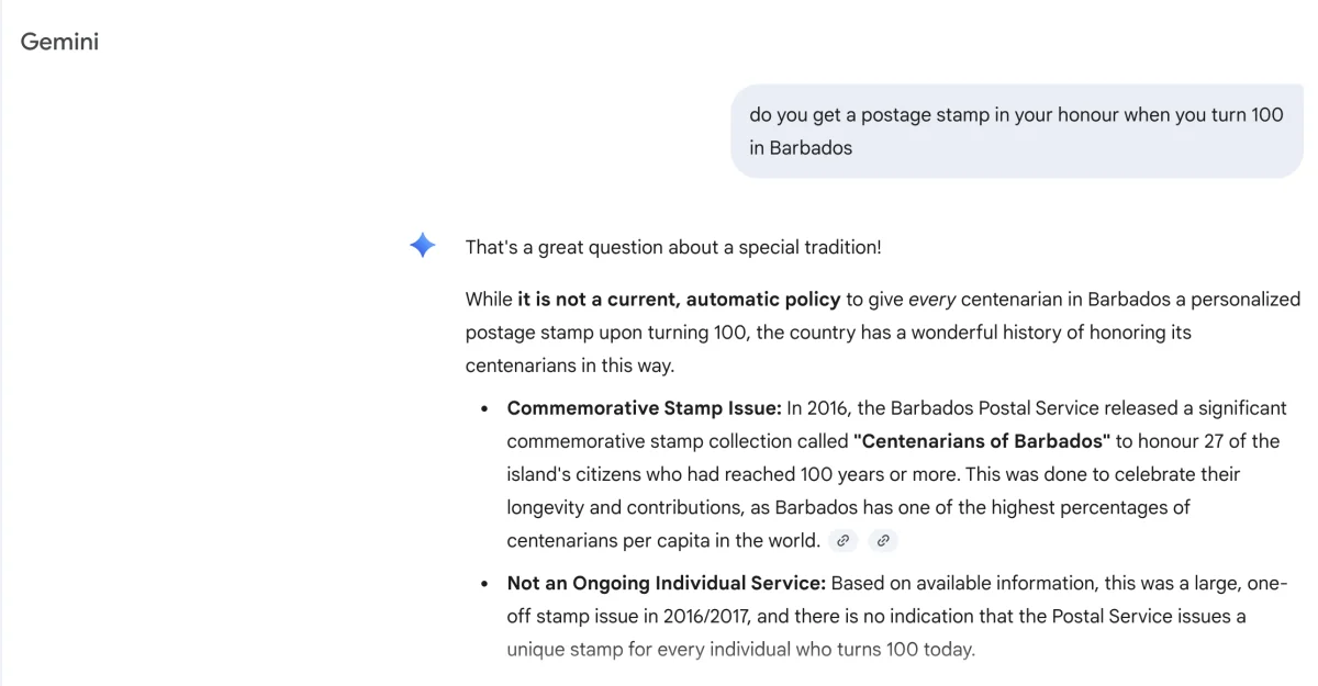 Google Gemini result for 'do you get a postage stamp in your honour when you turn 100 in Barbados'