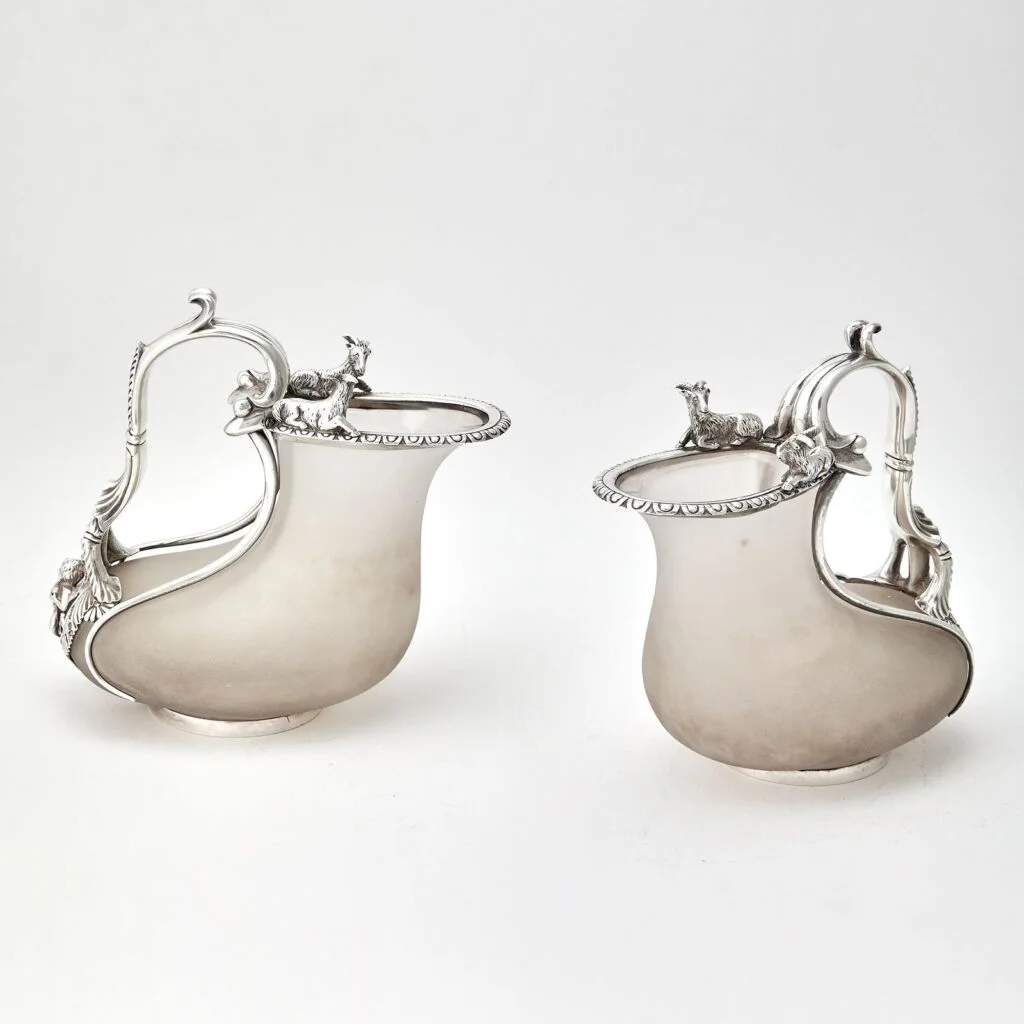 Victorian silver-mounted frosted glass askos-form wine jugs