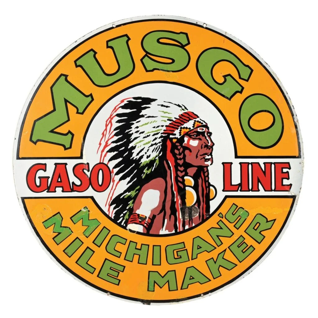 Musgo Gasoline “Michigan’s Mile Maker” porcelain sign